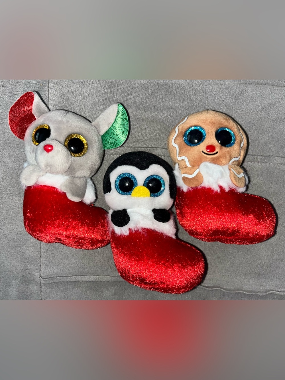 Set of 3 Mini Ty Beanie Boos in Christmas Stockings - EXCELLENT CONDITION